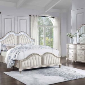 EVANGELINE Upholstered Platform Queen Size Bedroom Set Ivory & Silver Oak**Free Chest**
