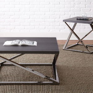 Modern occasional table set featuring a square cocktail table and matching end table with dark wood tops and polished chrome geometric metal bases.