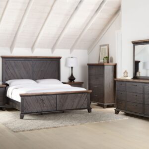 Rustic transitional bedroom set featuring a panel bed, dresser, mirror, chest, and nightstand in a rich brown finish with contrasting wood-tone tops.