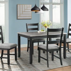 Contemporary 5-piece dining set featuring a gray wood dining table and four ladder-back chairs with upholstered gray seats.