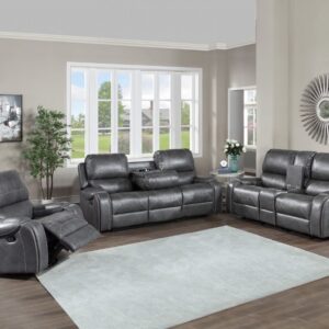 Grey manual reclining sofa set featuring a reclining sofa, loveseat with center console, and matching recliner chair.