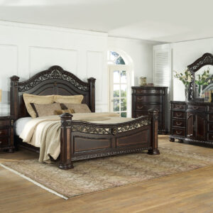 Monte Carlo Bedroom Set featuring an ornate sleigh bed, dresser with mirror, chest, and nightstand in a rich dark cherry finish.