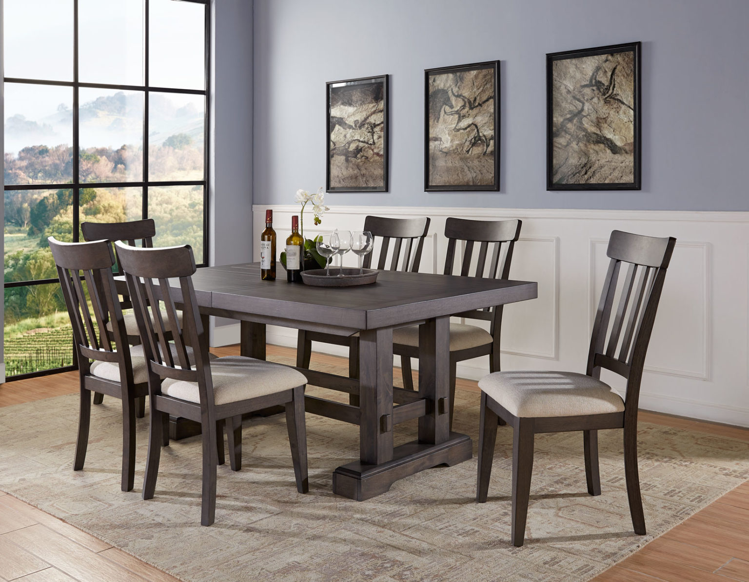 Napa 5-Piece Dining Set featuring a trestle-style dining table and four upholstered side chairs in a rich dark finish.