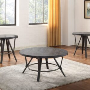 Portland occasional table collection featuring a round cocktail table and two matching end tables with black wood tops and industrial metal bases.