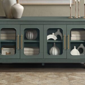 Preston Server in Green finish featuring four glass display doors, gold hardware, and spacious storage shelves.