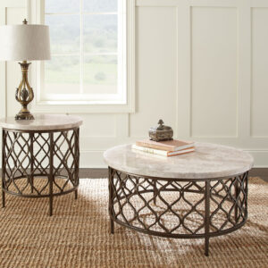 Roland marble-top occasional tables featuring a round cocktail table and matching end table with decorative metal lattice bases.