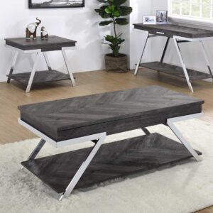 Modern 3-piece occasional table set featuring a lift-top cocktail table, matching end table, and sofa table with dark wood surfaces and contemporary metal legs.