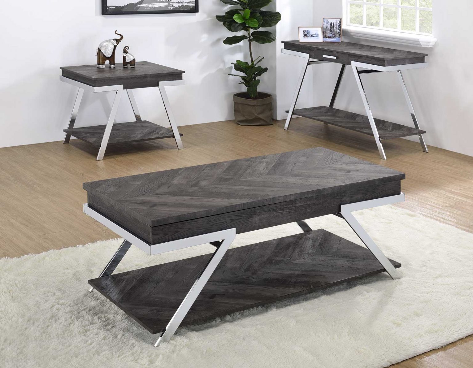 Modern 3-piece occasional table set featuring a lift-top cocktail table, matching end table, and sofa table with dark wood surfaces and contemporary metal legs.