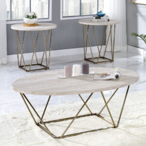 Rowyn 3-Piece Occasional Table Set featuring an oval cocktail table and two matching round end tables with faux-marble tops and gold metal bases.
