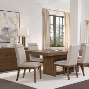 Garland 5-piece counter dining set with warm wood finish, upholstered chairs, and modern pedestal table design.
