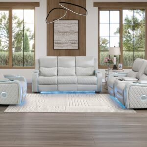 White power reclining living room set with LED lighting, quilted upholstery, cup holders, and home theater seating.