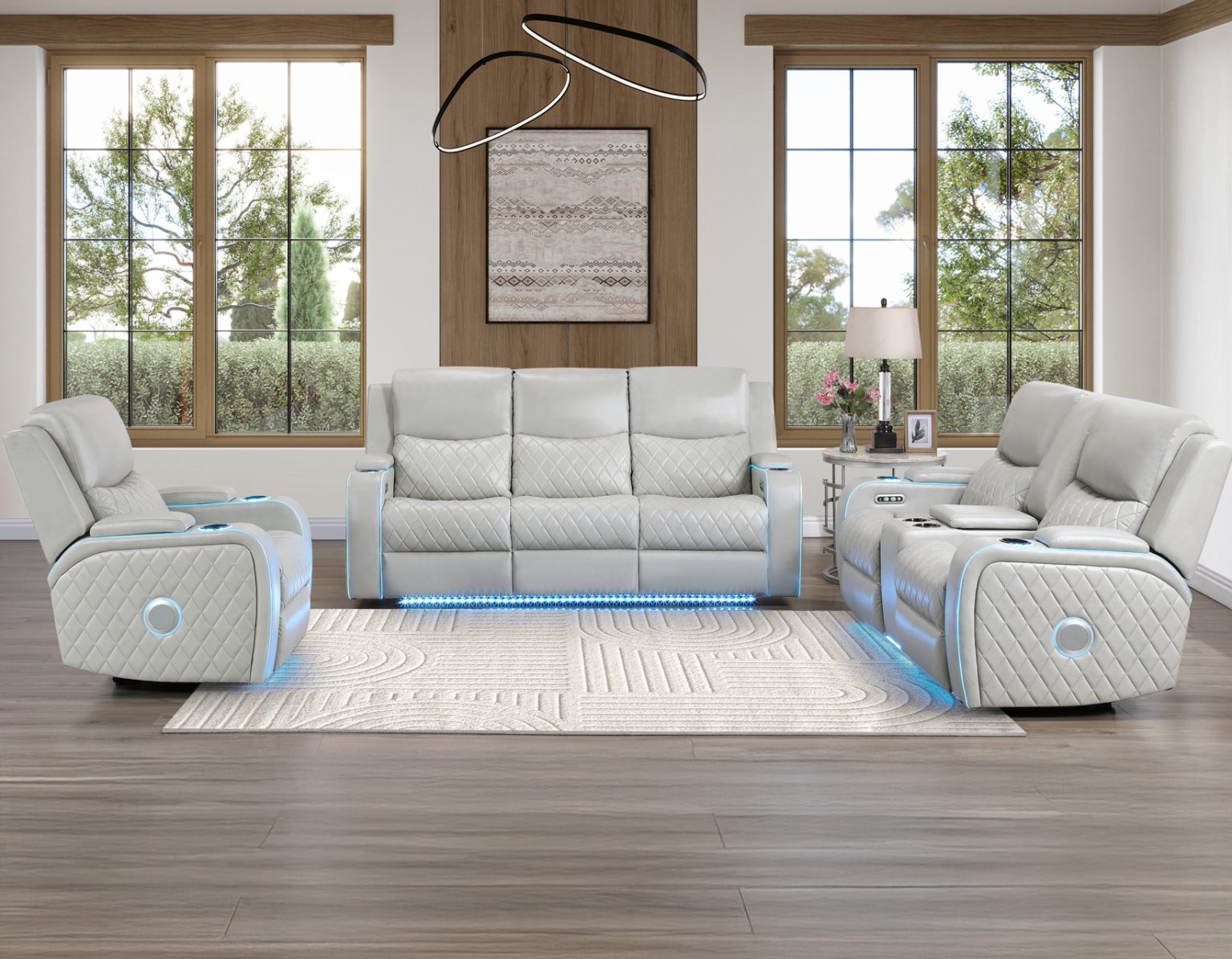 White power reclining living room set with LED lighting, quilted upholstery, cup holders, and home theater seating.