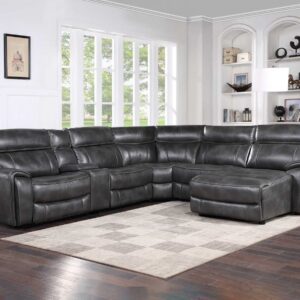 Dark gray dual-power reclining sectional with chaise lounge, premium leather upholstery, and modern modular seating for large living rooms.