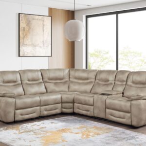 Beige manual reclining sectional sofa with plush cushioning, corner wedge seating, and built-in recliners for modern living room comfort.