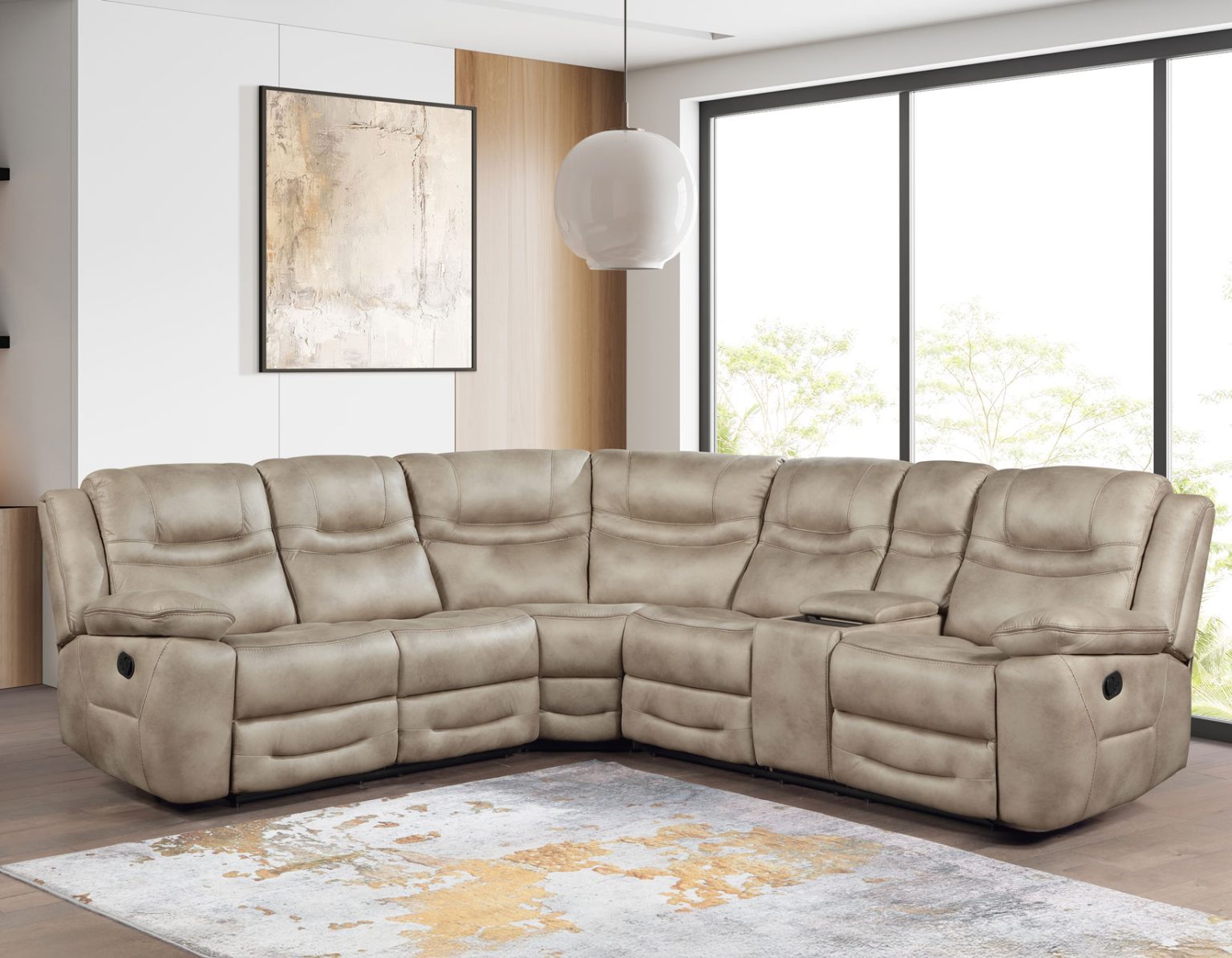 Beige manual reclining sectional sofa with plush cushioning, corner wedge seating, and built-in recliners for modern living room comfort.