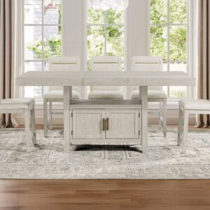 Garland 5-piece counter dining set in greige finish with storage base, upholstered chairs, and contemporary counter-height design.