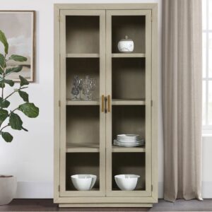 Garland curio cabinet in greige finish with glass display doors, adjustable shelving, and contemporary dining room storage.