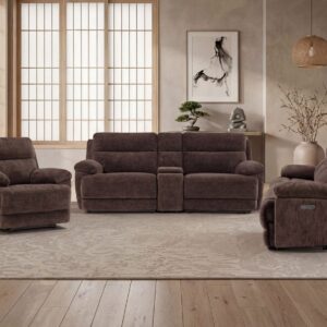 Gatlin dual-power reclining living room set in brown fabric featuring power recliners, plush cushioning, and modern comfort seating.