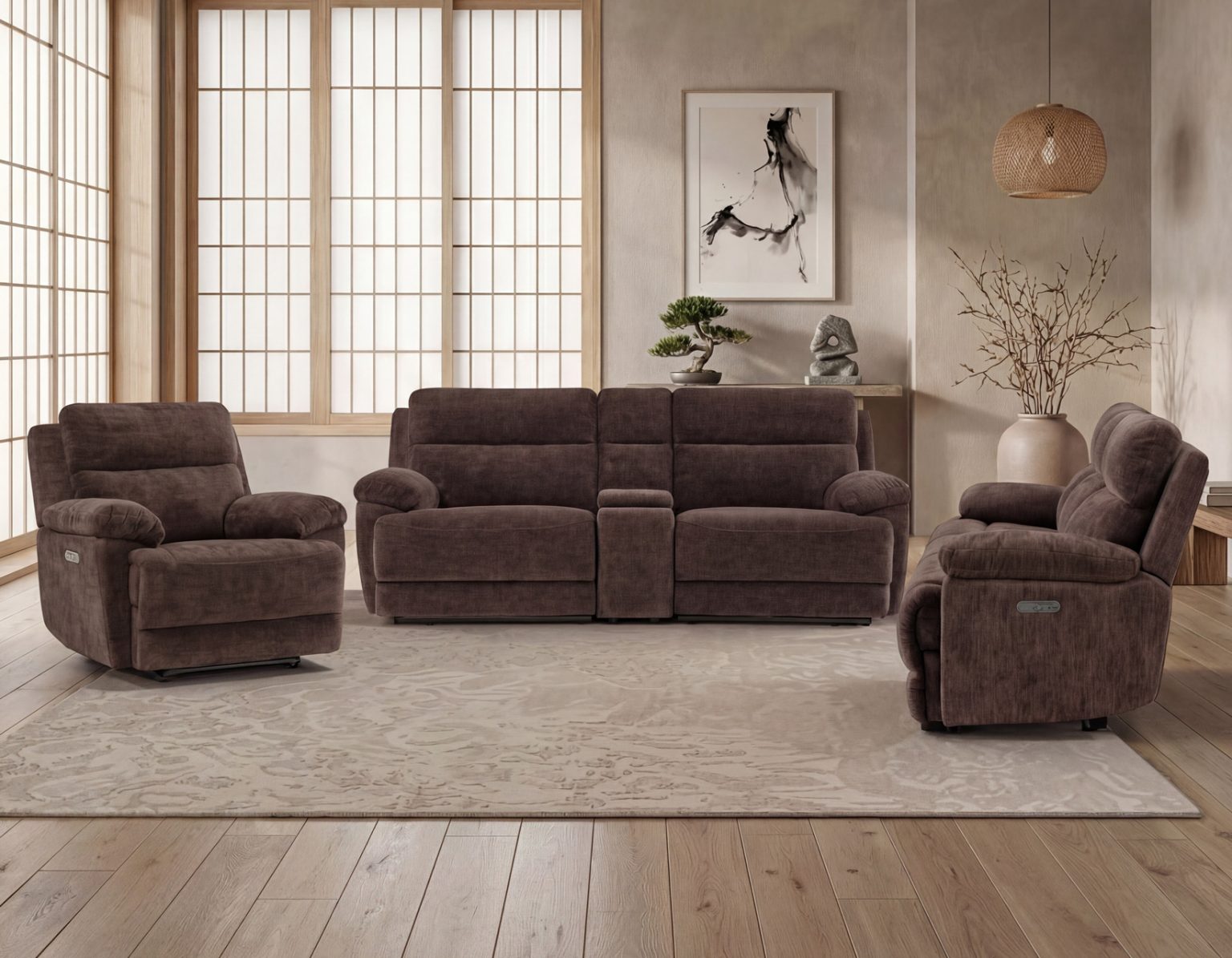 Gatlin dual-power reclining living room set in brown fabric featuring power recliners, plush cushioning, and modern comfort seating.