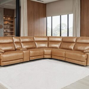 Luxury tan leather power reclining sectional with modular seating, padded headrests, and contemporary design for spacious living rooms.