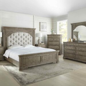 Highland Park bedroom set in waxed driftwood finish featuring a tufted upholstered bed, dresser, mirror, chest, and nightstand.