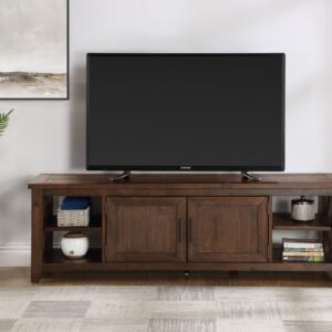 Lenka 64-inch TV stand in rustic brown finish with cabinet storage, open shelving, and modern farmhouse entertainment center design.