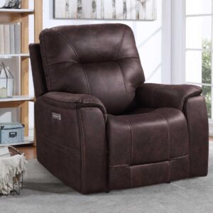 Lexington triple-power media recliner in dark brown upholstery with power headrest, lumbar support, and plush padded seating.
