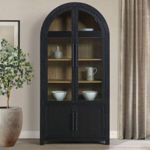 Magnolia curio cabinet in black finish with weathered sand interior, arched glass doors, display shelving, and farmhouse-inspired design.