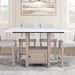 Taylor 5-piece faux marble counter height dining set with upholstered chairs, storage base, and modern farmhouse design.