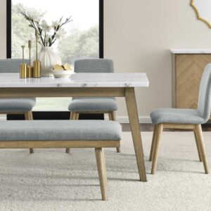 Vida 5-piece dining set featuring a white marble-look tabletop, upholstered gray chairs, and matching bench with natural wood finish.
