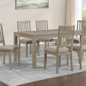 Yorktown 7-piece dining set in sand finish featuring a rectangular wood dining table and six upholstered slat-back chairs.