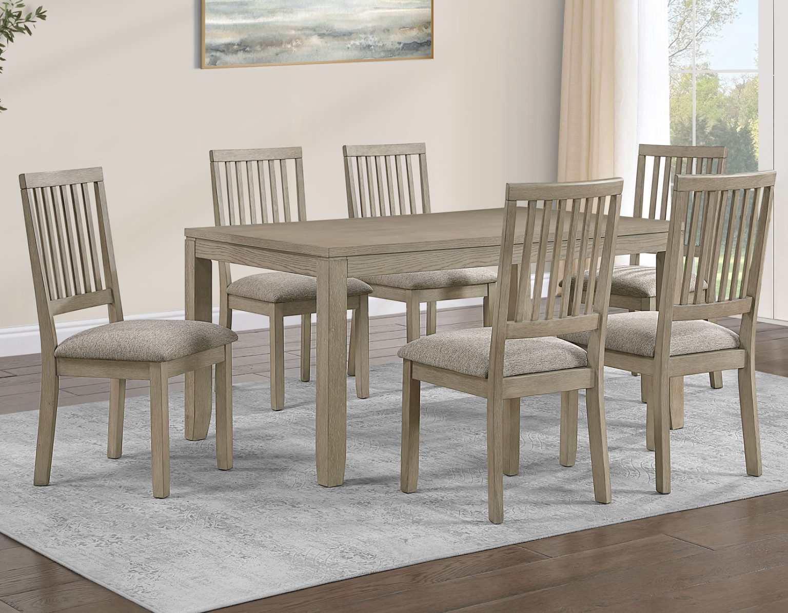 Yorktown 7-piece dining set in sand finish featuring a rectangular wood dining table and six upholstered slat-back chairs.