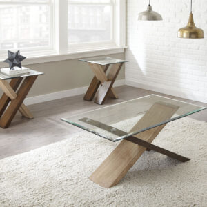 Modern glass cocktail table and end tables with geometric wood base, tempered glass tops, and contemporary two-tone finish.