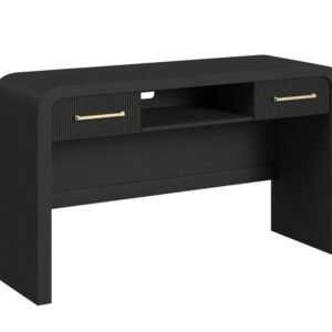 Modern black vanity desk featuring a curved silhouette, two storage drawers with gold hardware, and an open center shelf for beauty essentials and accessories.