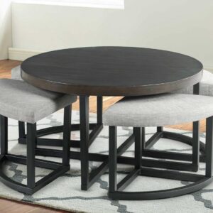 Modern round coffee table with four upholstered nesting stools, dark wood tabletop, and black metal frame for living room seating.