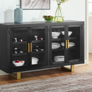 Modern black dining room server with glass cabinet doors, gold hardware, wine bottle storage, and display shelving.