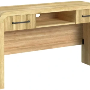 Modern oak-finish vanity desk with rounded waterfall sides, two storage drawers, and an open center shelf.