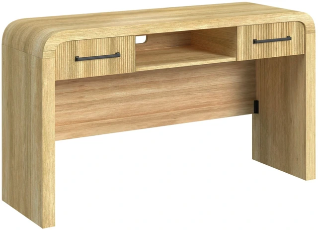 Modern oak-finish vanity desk with rounded waterfall sides, two storage drawers, and an open center shelf.