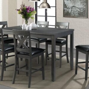 7-piece counter-height dining set featuring a gray wood finish, six upholstered counter chairs, and a spacious rectangular table.