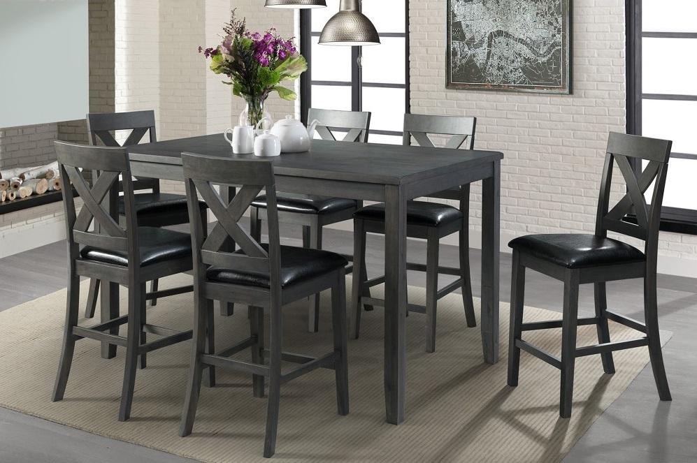 7-piece counter-height dining set featuring a gray wood finish, six upholstered counter chairs, and a spacious rectangular table.