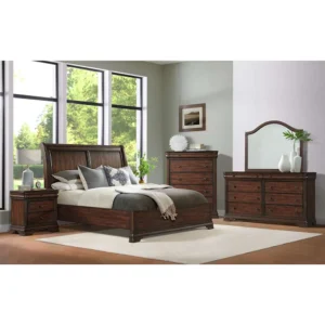 Traditional cherry-finished bedroom set featuring a sleigh bed, dresser with mirror, chest, and nightstand in a warm rich wood tone.